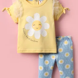 ToffyHouse Knit Half Sleeves Top & Lounge Pant Set With Floral & Polka Dot Print - Lemon Yellow & Light Blue-picture-22