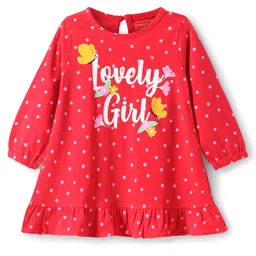 Babyhug Cotton Knit Full Sleeves Nighty with Frill Polka Dot & Lovely Girl Text Print - Red-picture-29