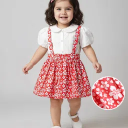 Babyhug Single Jersey Knit Half Puffed Sleeves Top & Skirt Set With Floral Print - White & Red-picture-22