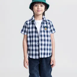 Taffykids 100% Cotton Half Sleeves Checked & Pineapple Embroidered Shirt With Attached Tee - White & Navy Blue-image-30