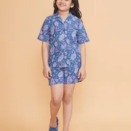 Piccolo Cotton Woven Half Sleeves Floral Printed Coordinating Night Suit Set - Blue-picture-27
