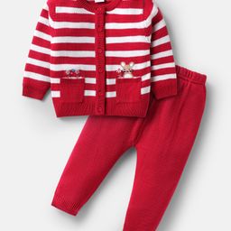 Babyhug Knitted Full Sleeves Front Open Sweater Set with Stripes - White & Red-picture-19