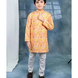 BT DEZINES Cotton Blend Woven Full Sleeves Jaipuriya Printed & Embroidered Kurta Pyjama Set - Yellow-picture-26