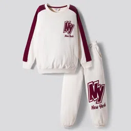 Primo Gino 100% Cotton Knit French Terry Oversized Drop Shoulder Full Sleeves Color Block Sweatshirt and Jogger Set With New York Text Print- White & Maroon-picture-35