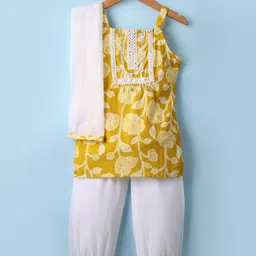 Teentaare Cotton Woven Sleeveless Kurti Patiala Set with Dupatta Lace Detailing & Floral Print - Yellow-picture-26