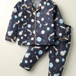 Doreme Cotton Knit Full Sleeves Co-ords Night Suit with Space Theme Print - Navy Blue-image-53