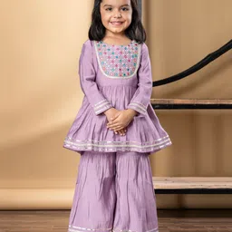 READIPRINT Silk Woven Full Sleeves Floral Embroidered Mirror Work Detailed Gota Lace Embellished Kurti Sharara Set - Mauve image 1