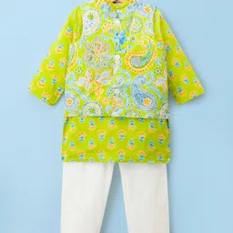 Teentaare Cotton Woven Full Sleeves Kurta Pajama Set with Jacket & Motif Print - Lime Green & White-picture-28