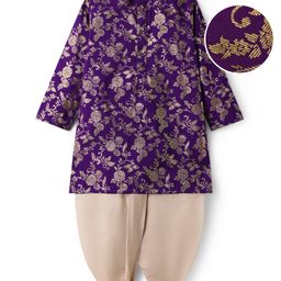 EARTHY TOUCH Woven Full Sleeves Kurta Dhoti Set with Floral Glitter Print - Purple-picture-44