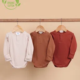 Cot & Candy Organic Cotton Knit Pack Of 3 Full Sleeves Frill Detailed Onesies - Pink Red & Brown-picture-17