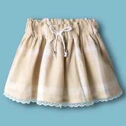 ToffyHouse Poplin Woven Full Sleeves Floral Printed Top & Skirt Set With Lace Detailing & Stockings - Tan image 4