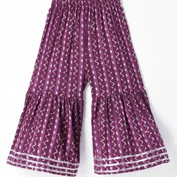 Teentaare Cotton Woven Half Sleeves Kurta & Gharara Set With Ikat Print & Lace Detailing - Purple image 5