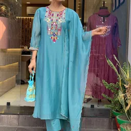 CAPITALHAVEN Women Ethnic Motifs Embroidered Regular Mirror Work Chanderi Silk Kurta with Trousers & With-picture-33