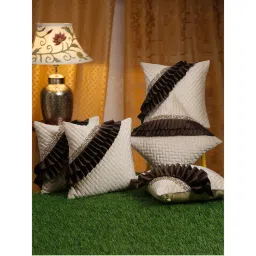 HOSTA HOMES Off White & Brown 5 Pieces Geometric & Embellished Square Cushion Covers 16x16 inches-picture-25