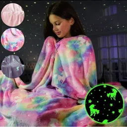 Puchku Kids Lavender & Green 280 GSM Microfibre Unicorn Glow In The Dark Blanket image 4