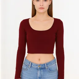 PUERY Solid Scoop Neck Long Sleeves Cotton Crop Top-image-0