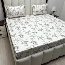 Pure Decor White & Green Floral Queen Bedsheet with 2 Pillow Covers-picture-25