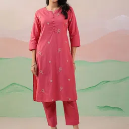 MISRI Women Floral Embroidered Mandarin Collar Thread Work Pure Cotton Kurta with Trousers-image-39