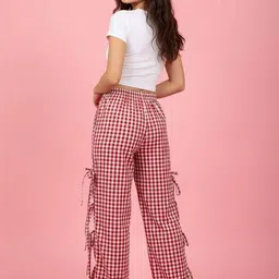 HIGH BUY Women Checked Tailored Cotton High-Rise Side Tie Parallel Trousers Trousers image 3