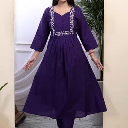 MIRAVAN Women Floral Embroidered Empire Thread Work Pure Cotton Kurta with Palazzos-image-43