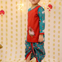 BownBee Boys Ethnic Motifs Printed Angrakha Pure Cotton Kurta with Dhoti Pants image 3