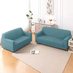 HOKIPO Aria Nova Teal 2 Pieces Self Design 5 Seater Sofa Cover With Arms-picture-26