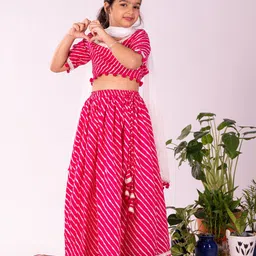 VASTRAMAY Girls Printed Mirror Work Leheriya Ready to Wear Lehenga & Blouse With Dupatta image 1
