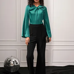 CHIC BY TOKYO TALKIES Women Teal & Black Satin Twist Flared Jumpsuit-picture-22