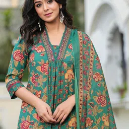 KALINI Women Floral Printed Empire Sequinned Pure Cotton Kurta with Trousers & With Dupatta image 5