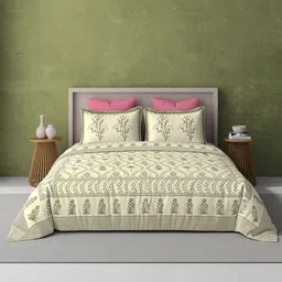 BELIHODE Cream-Coloured Floral 250 TC King Bedsheet with 2 Pillow Covers-picture-29