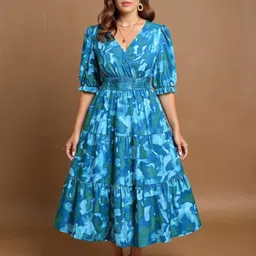 DressBerry Curve Women Abstract Printed Polyster Smocked Tiered Puff Sleeve Midi Dress-picture-10