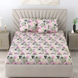 BOMBAY DYEING Peach-Coloured & Beige Geometric 144 TC Queen Bedsheet with 2 Pillow Covers image 1