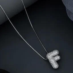SKY SHOPPERS Unisex Silver-Plated Cubic Zirconia Studded Alphabet F Pendant With Chain-picture-14