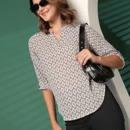 EVERYDAY by ANI Women Printed Mandarin Collar Roll-Up Sleeves Crepe Top-picture-22