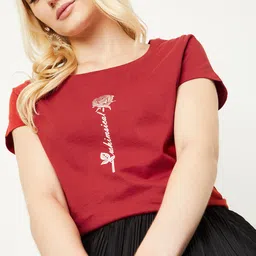 max Women Printed Round Neck Pure Cotton Red T-Shirt-picture-20