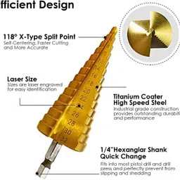 uptotools Step Drill Bit 4-32MM High Speed Steel 15 Steps Hex Shank Soft Metal Sheet, Wood, Plastic, Multiple Hole Drilling Cone Drill Bit image 3