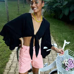 MANGO Women Pink Pure Cotton Solid High-Rise Denim Shorts-picture-26