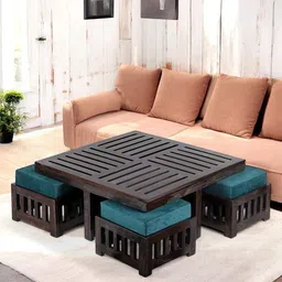 Ikiriya Black Textured Wooden Dark Mahagony Finish Coffee Table with Stool and Cushions-picture-52