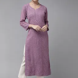 ADA Women Mauve Ethnic Motifs Embroidered Chikankari Georgette Kurta image 1