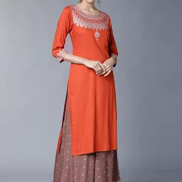 Vishudh Women Rust Orange & Brown Printed Kurta with Palazzos-picture-42