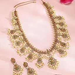 Rubans 22K Gold-Plated Temple Jewellery Set with Pink & Green Stones and Pearl Detailing image 2