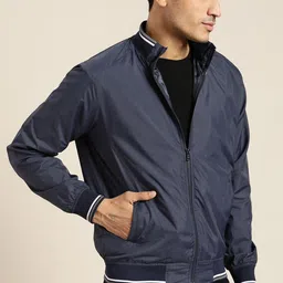 INVICTUS Men Navy Blue Solid Bomber Jacket image 4