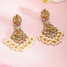 Rubans 22K Gold-Plated Temple Jewellery Set with Pink & Green Stones and Pearl Detailing image 3