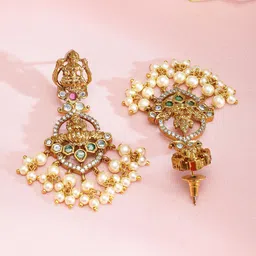 Rubans 22K Gold-Plated Temple Jewellery Set with Pink & Green Stones and Pearl Detailing image 5
