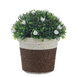 FOLIYAJ Green & Brown Artificial Small White Flowers Plant In Pot image 4