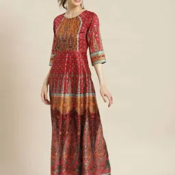 Juniper Maroon Ethnic Motif Printed Dull Satin Anarkali Dress With Buttons-image-82