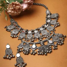 Moedbuille Silver-Plated Mirror Work Studded Oxidised Necklace And Earrings image 1
