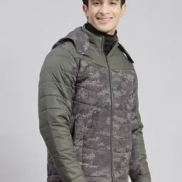 Monte Carlo Olive & Grey Regular Fit Printed Hooded Jacket image 4