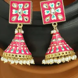 Oomph Rani Pink Meenakari Geometric Floral Design Jhumki Earrings-picture-12
