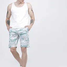 HIGHLANDER Men Green & Off-White Camouflage Printed Slim Fit Cotton Regular Shorts image 5